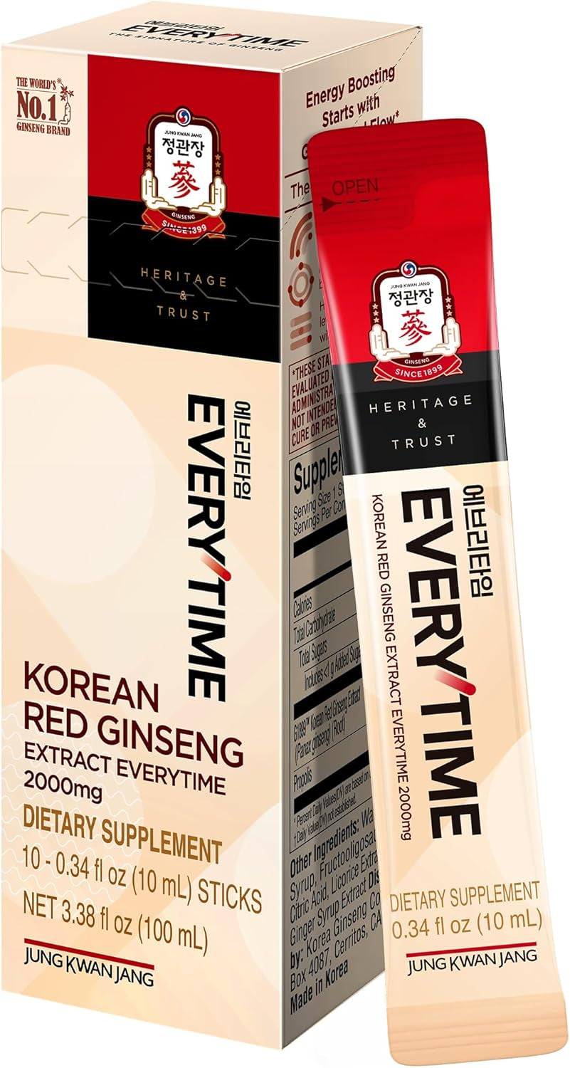 Everytime Korean Red Ginseng Extract 2,000Mg - Liquid Stick Supplements with Propolis & Adaptogen - Energy Boost & Immune Support | Natural & Healthy Energy Drinks (10 Sticks)