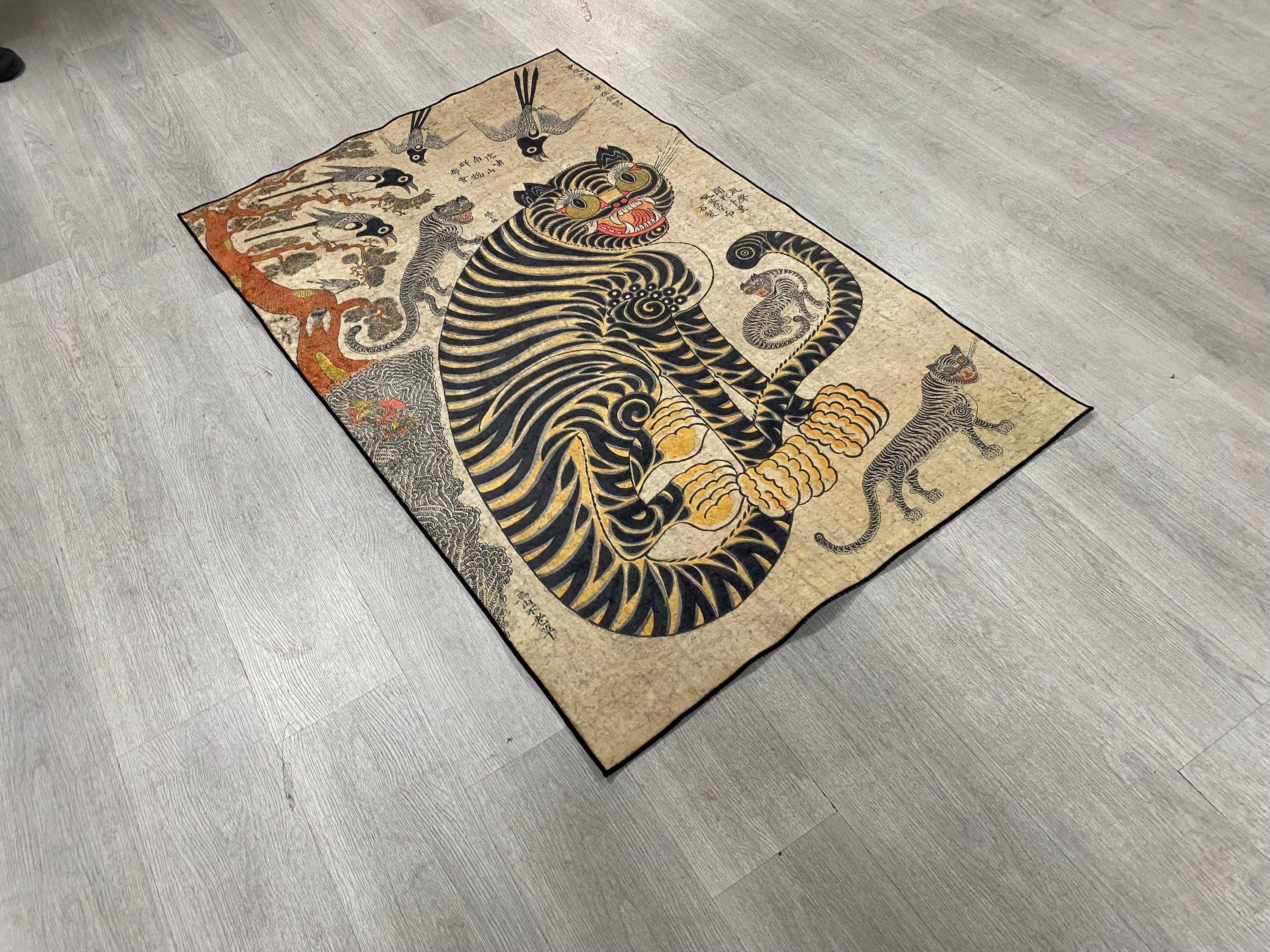 Korean Art, Asian Art, Korean Painting, Japanese Tiger Painting, Tiger Carpet, Eclectic Bedroom Decor, Tiger Area Rug, Housewarming Gift Rug